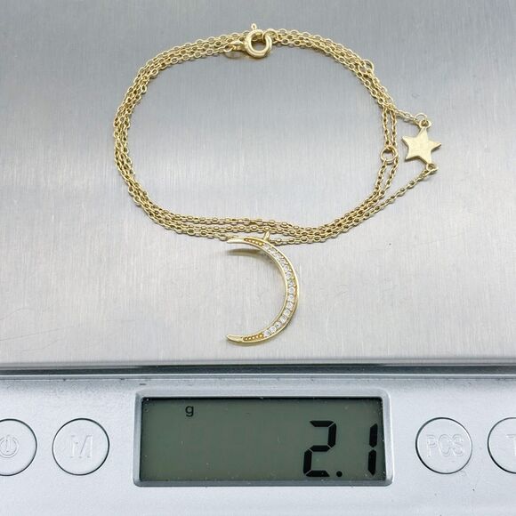 Sterling Silver Gold Tone Crescent Moon Star Cubic Zirconia Necklace 15.75-17.5" - Picture 4 of 5